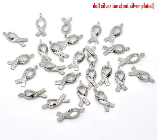 P282 - ON SALE - 15 pcs. Silver Tone Hope Breast Cancer Awareness Charm Pendants - 19x8mm