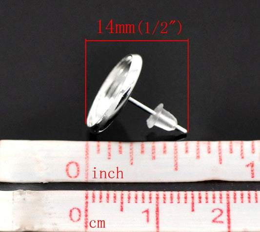 E111C - 1000 pcs. Silver Plated Earring Posts Studs Settings Bezels Cabochons Tacks- 12mm Glue Pad Setting
