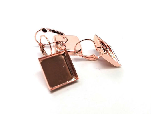 E325 - 10 pcs. Rose Gold Plated Earring Clips Settings Lever Back Bezels Cabochons - 16mm Glue Pad Setting - Square