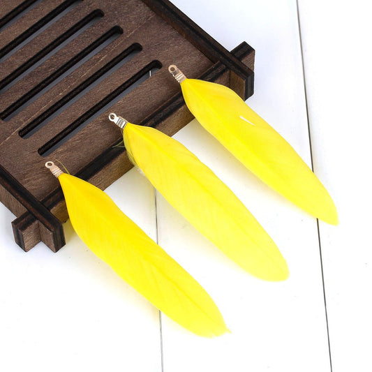 E333 - 10 pcs Yellow Dangle Charms Pendants - Feather - Gold Plated Crimps - 60mm (2.4") to 85mm (3/4") - Great for Light Earrings or Dangles!
