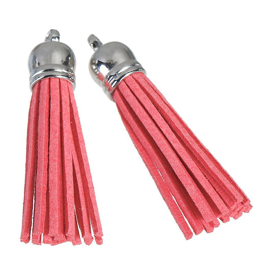 P137 - 10 pcs. Coral Pink Faux Suede Tassel Dangle Charms Pendants - Silver Tone - 6cm (2 3/8") x 1.2cm (1/2") - Great for Light Earrings &amp; Dangles