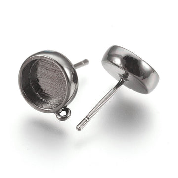 E363 - 4 pcs. Gunmetal Earring Posts Studs Settings Bezels Cabochons Tacks with Perpendicular Loop - 8mm Glue Pad Setting - Made of Brass