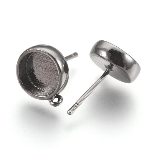 E363 - 4 pcs. Gunmetal Earring Posts Studs Settings Bezels Cabochons Tacks with Perpendicular Loop - 8mm Glue Pad Setting - Made of Brass