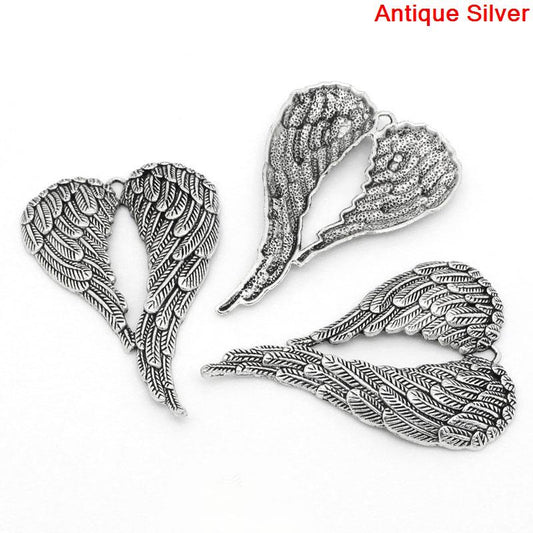 P824 - 10 pcs. EXTRA LARGE - Antique Silver Angel Wing Carved Wing Charms Pendants - 69mm X 47mm (2.71" x 1.85")