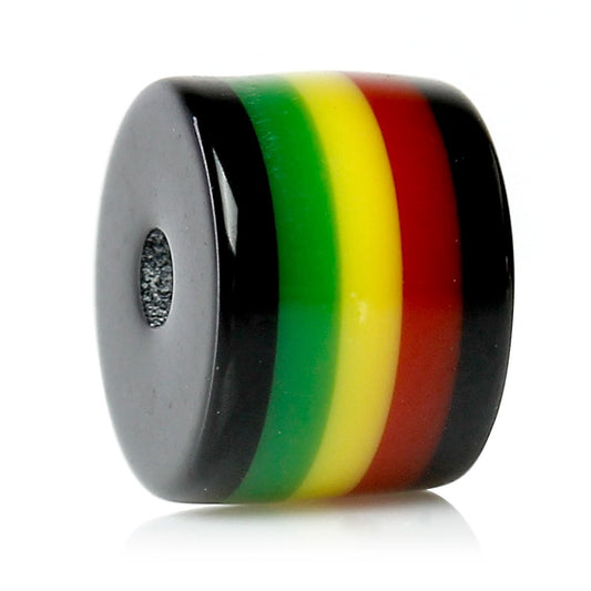 BD460 - 100 pcs Striped Cylinder Resin Spacer Beads, 8mm x 6mm - Reggae - Yellow, Red, Green, Black