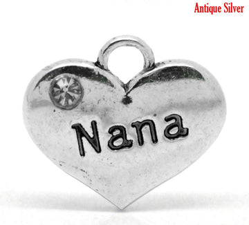 P081 - 4 pcs. Antique Silver "Nana" charm with rhinestone - 16mm X 14mm