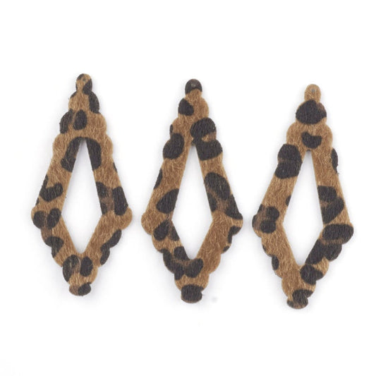 P2064 - 10 pcs. Brown Leopard Faux Fur Leather Dangle Charms Pendants - Rhombus - 74mm (2.91") - Great for Light Earrings or Dangles! Black Back
