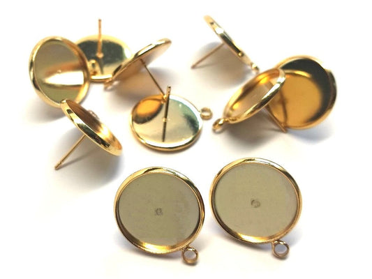 E604 - 10 pcs. Gold Plated Earring Posts Studs Settings Bezels Cabochons Tacks with Loop - 16mm Glue Pad Setting - Parallel Loop