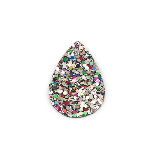 FL0010 - 10 pcs. Rainbow Multicolor Glitter Faux Leather Dangle Charms Pendants - Teardrop - 57mm (2.25") - Great for Light Earrings! - Double-Sided