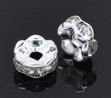 BD276 - 30 pcs Silver Plated Clear Rhinestone Rondelle Spacer Beads - 5mm - Curved Edges