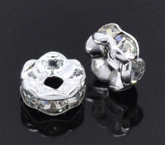 BD276 - 30 pcs Silver Plated Clear Rhinestone Rondelle Spacer Beads - 5mm - Curved Edges