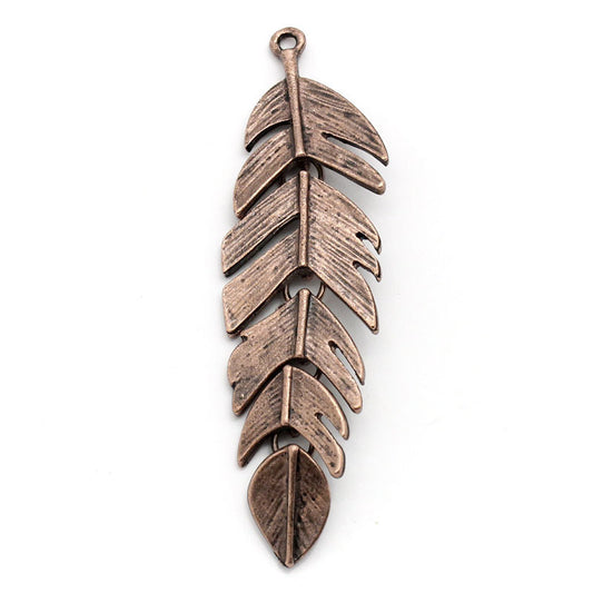 P294 - 3 pcs. LARGE - Antique Copper Leaf Chain Feather Charms Pendants - 62mm X 17mm (2.44" x 0.67")