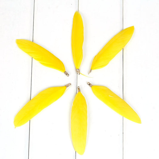 E333 - 10 pcs Yellow Dangle Charms Pendants - Feather - Gold Plated Crimps - 60mm (2.4") to 85mm (3/4") - Great for Light Earrings or Dangles!