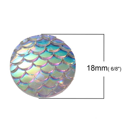 CA402 - 10 pcs Mermaid Fish Scales Resin Carved Embellishment Cabochons White Multicolor - 18mm (0.7")