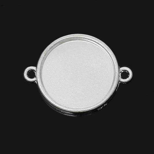 P352A - 25 pcs. Silver Plated Circle Round Bezel Cabochon Cameo Connector Tags Trays - 18mm Glue Pad