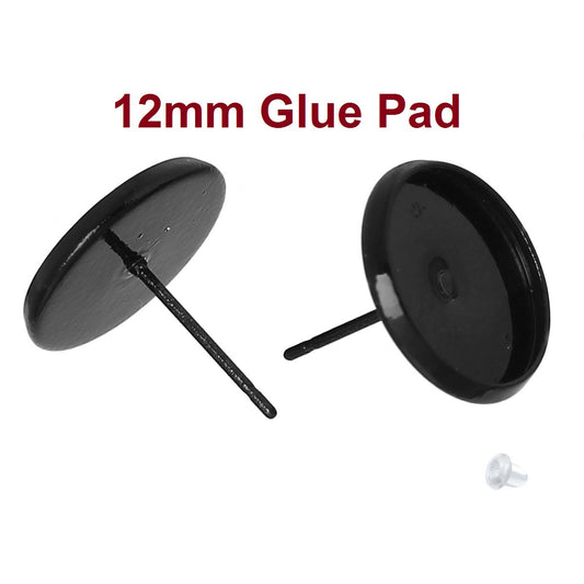 E535 - 50 pcs. Black Earring Posts Studs Settings Bezels Cabochons Tacks- 12mm Glue Pad Setting