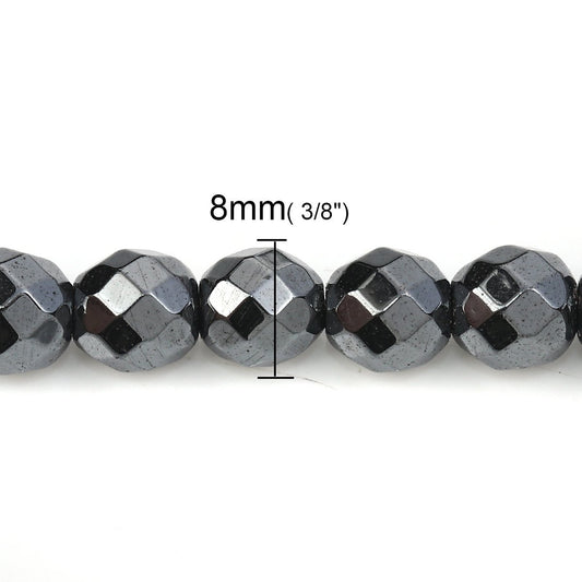 BD358 - 50 pcs. - 8mm Gunmetal Black Hematite Faceted Round Beads - 15 6/8 inch strand (40cm) - 0.9mm Hole Size - Grade A