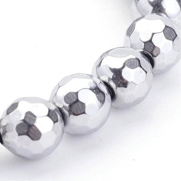 BD409 - 50 pcs. - 8mm Silver Synthetic Hematite Round Faceted Non-Magnetic Beads - 15.7 inch strand - Hole Size: 1mm - Grade AA