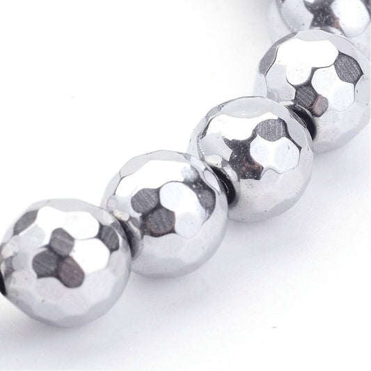 BD409 - 50 pcs. - 8mm Silver Synthetic Hematite Round Faceted Non-Magnetic Beads - 15.7 inch strand - Hole Size: 1mm - Grade AA