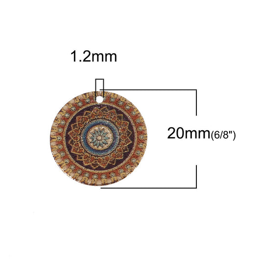 P685 - 10 pcs. Gold Plated Multicolor Enamel Circle Metal Dangle Charms Pendants - Star - 20mm - 0.8" - Great for Earrings, Necklaces or Dangles