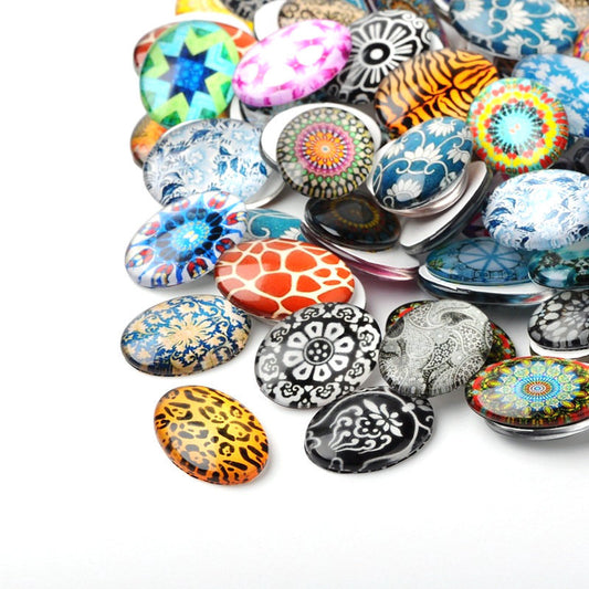 CA737 - 10 pcs Oval Mosaic Glass Round Dome Seals Tiles Cabochons - 25mm x 18mm - Assortment - 25x18mm - 6mm Thick