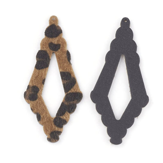 P2064 - 10 pcs. Brown Leopard Faux Fur Leather Dangle Charms Pendants - Rhombus - 74mm (2.91") - Great for Light Earrings or Dangles! Black Back