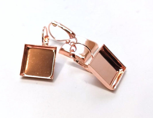 E325 - 10 pcs. Rose Gold Plated Earring Clips Settings Lever Back Bezels Cabochons - 16mm Glue Pad Setting - Square
