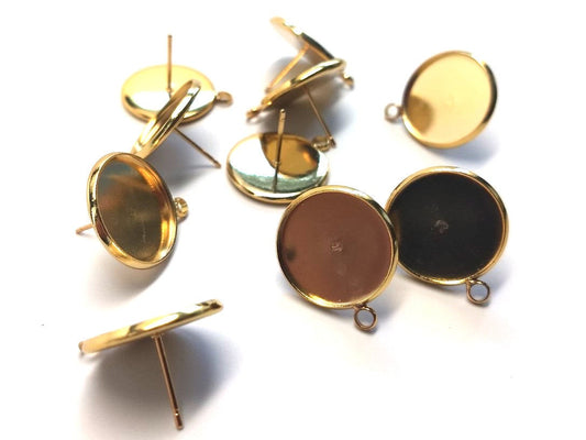 E604 - 10 pcs. Gold Plated Earring Posts Studs Settings Bezels Cabochons Tacks with Loop - 16mm Glue Pad Setting - Parallel Loop
