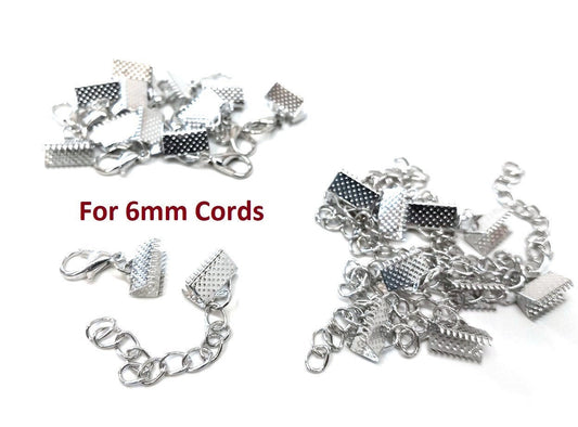 CR037 - 10 sets - Silver Tone Bracelet and Necklace End Tips Crimps with Lobster Claw Clasps and Extender Chains - For 6mm Wide Cords