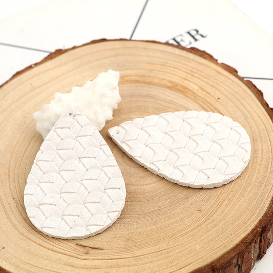 P877 - 10 pcs. White Faux Leather Dangle Charms Pendants - Teardrop Weave - 56mm (2.2") - Great for Light Earrings or Dangles! Double-Sided