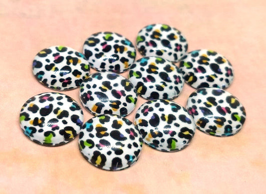 CA792 - 10 pcs Circle Leopard Glass Round Dome Seals Tiles Cabochons - 12mm - White