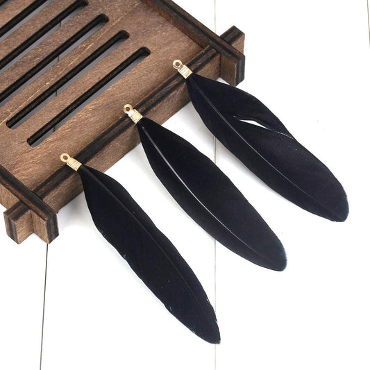 E334 - 10 pcs Black Dangle Charms Pendants - Feather - Gold Plated Crimps - 60mm (2.4") to 85mm (3/4") - Great for Light Earrings or Dangles!