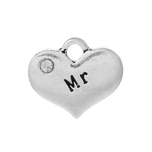P059 - 4 pcs. Antique Silver "Mr" charm with rhinestone - 16mm X 14mm