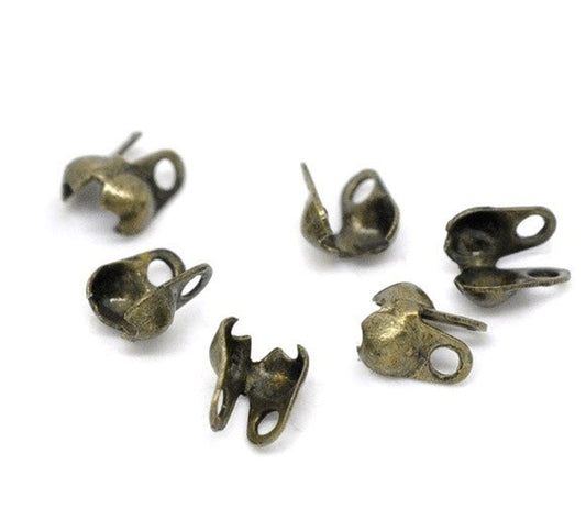 CR050 - 100 pcs. Antique Bronze Calotte Calotted Clamshell Crimp Side End Tips Caps with Loop - Fit 1.5mm Ball Chains - 4mm x 3.5mm - Knot Cover
