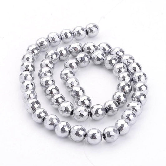 BD409 - 50 pcs. - 8mm Silver Synthetic Hematite Round Faceted Non-Magnetic Beads - 15.7 inch strand - Hole Size: 1mm - Grade AA