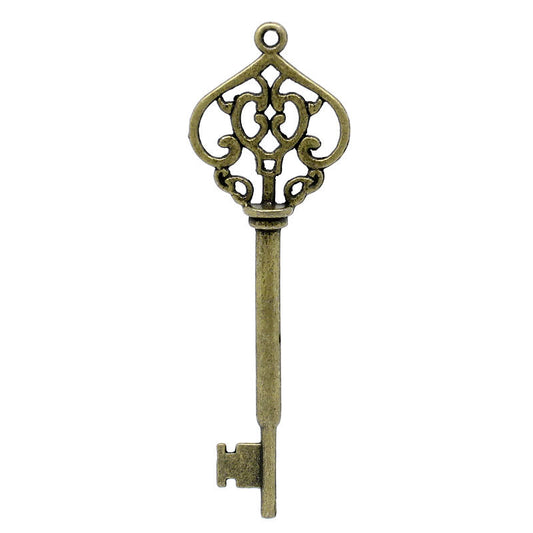 P132A - LARGE - 10 pcs. Antique Bronze Filigree Keys Charms Pendants - 70mm X 22mm (2 6/8"x 7/8")