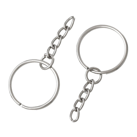 J132 -10 pcs. - Silver Tone Split Key Chain rings with Chain- 48x23mm
