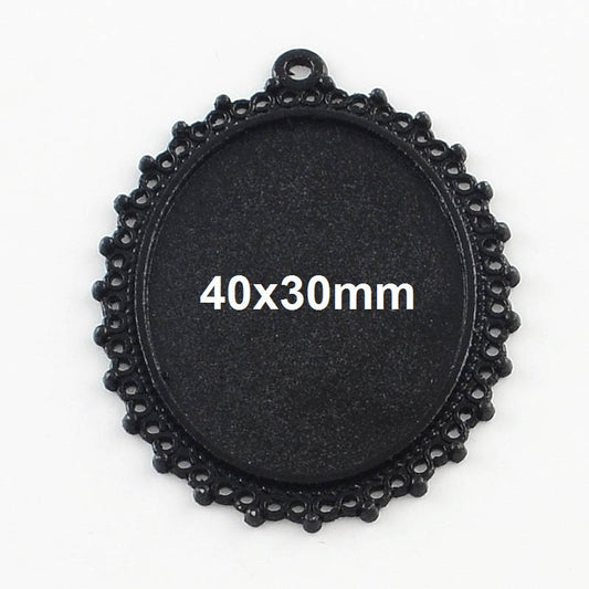 P789 - 5 pcs Black Oval Pendant Picture Frame Bezel Tray Setting Pendants Charms - For 40mm x 30mm Cabochons / Cameos - 40x30mm - 30x40mm -Style B