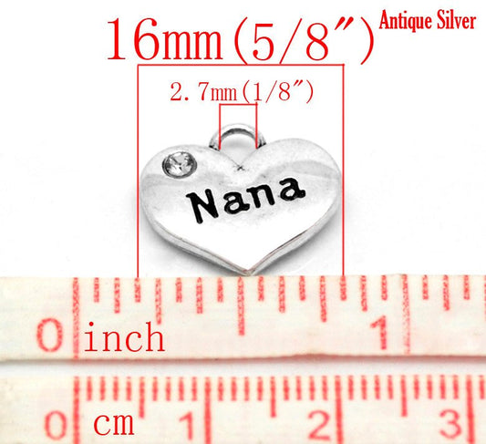 P081 - 4 pcs. Antique Silver "Nana" charm with rhinestone - 16mm X 14mm