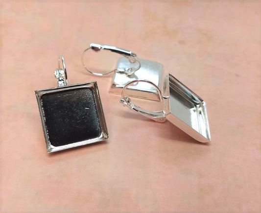 E326 - 10 pcs. Silver Plated Earring Clips Settings Lever Back Bezels Cabochons - 16mm Glue Pad Setting - Square