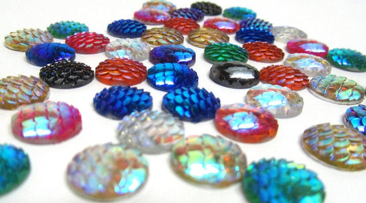 CA557 - 100 pcs Assortment of Mermaid Fish Scales Resin Carved Embellishment Cabochons - 16mm - 8 Colors!