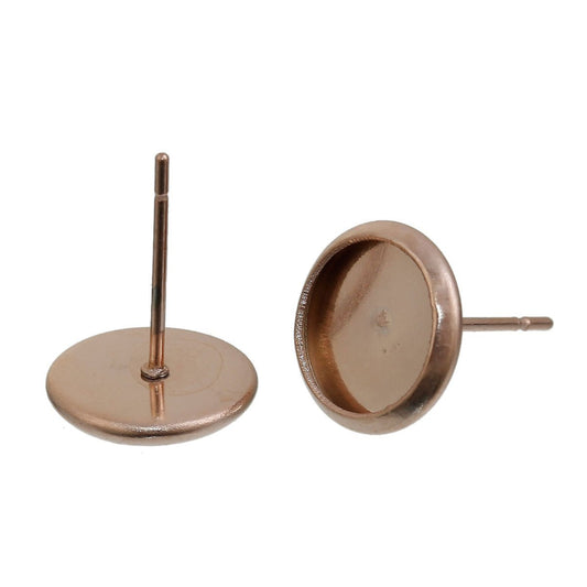 E303A - 2 pcs. Stainless Steel Rose Gold Plated Earring Posts Studs Settings Bezels Cabochons Tacks- 10mm Glue Pad Setting - with Stoppers!