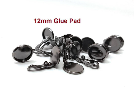 E181 - 20 pcs. Gunmetal Earring Clips Settings Hinged Bezels Cabochons - 12mm Glue Pad Setting