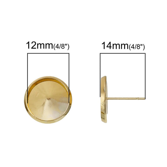 E186 - 10 pcs. Gold Plated Earring Posts Studs Settings Bezels Cabochons Tacks- 12mm Glue Pad Setting