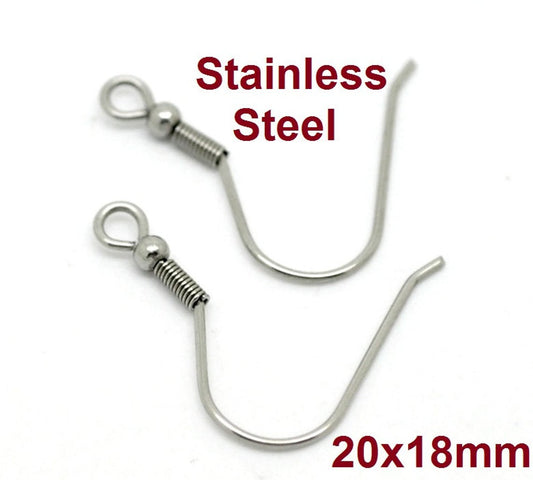 E209 - 100 pcs 304 Stainless Steel Earring Hooks with Spring and Ball - 18x20mm - Parallel Loop