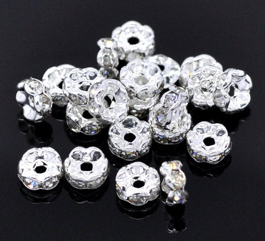 BD276 - 30 pcs Silver Plated Clear Rhinestone Rondelle Spacer Beads - 5mm - Curved Edges