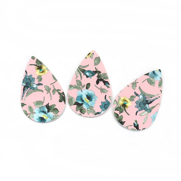 P879 - 10 pcs. Pink Floral Faux Leather Dangle Charms Pendants - Teardrop - 56mm (2.2") - Double Sided - Great for Earrings, Necklaces or Dangles