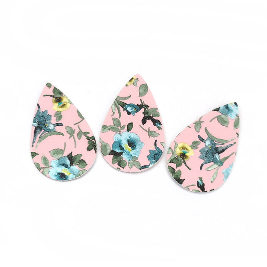 P879 - 10 pcs. Pink Floral Faux Leather Dangle Charms Pendants - Teardrop - 56mm (2.2") - Double Sided - Great for Earrings, Necklaces or Dangles
