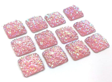 CA793 - 10 pcs Druzy Resin Embellishment Cabochons Pink Multicolor AB - 12mm - Square - Dome Style