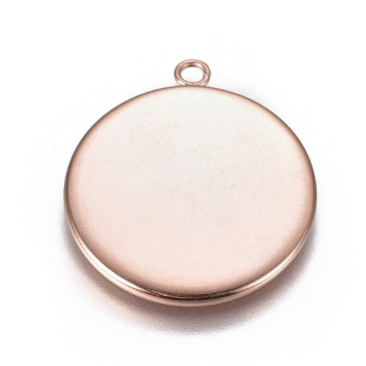 P2009 - 10 pcs. 304 Stainless Steel Circle Round Bezel Pendant Tags Trays - 25mm Glue Pad Setting - Single Loop - Rose Gold
